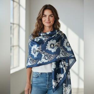 Broadus Collection Blue Zebra Floral Satin Scarf by Annie International 34x34